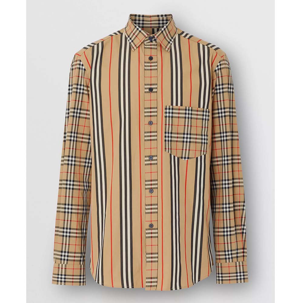Burberry Men Classic Fit Patchwork Cotton Poplin Shirt-Brown