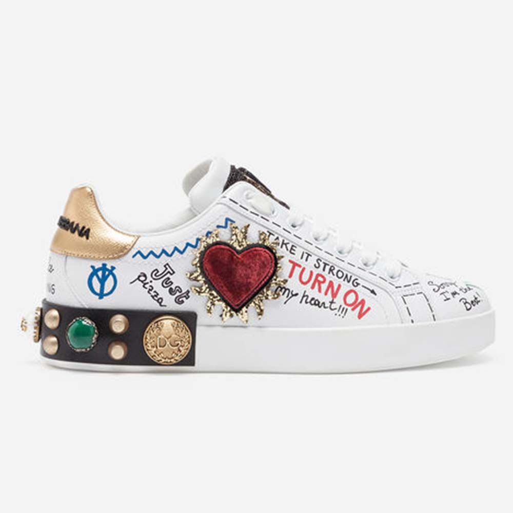 Dolce Gabbana D&G Women Printed Calfskin Nappa Portofino Sneakers with Patch and Embroidery-White