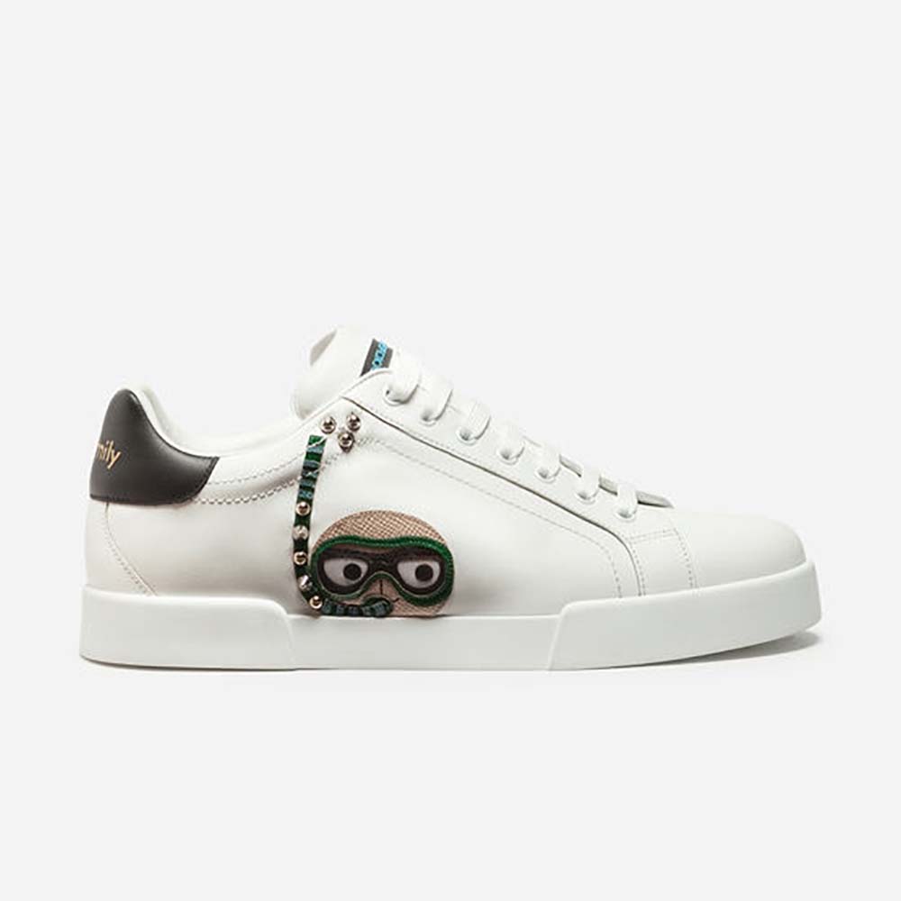 Dolce Gabbana D&G Unisex Shoes Calfskin Portofino Sneakers with Patches of the Designers-White