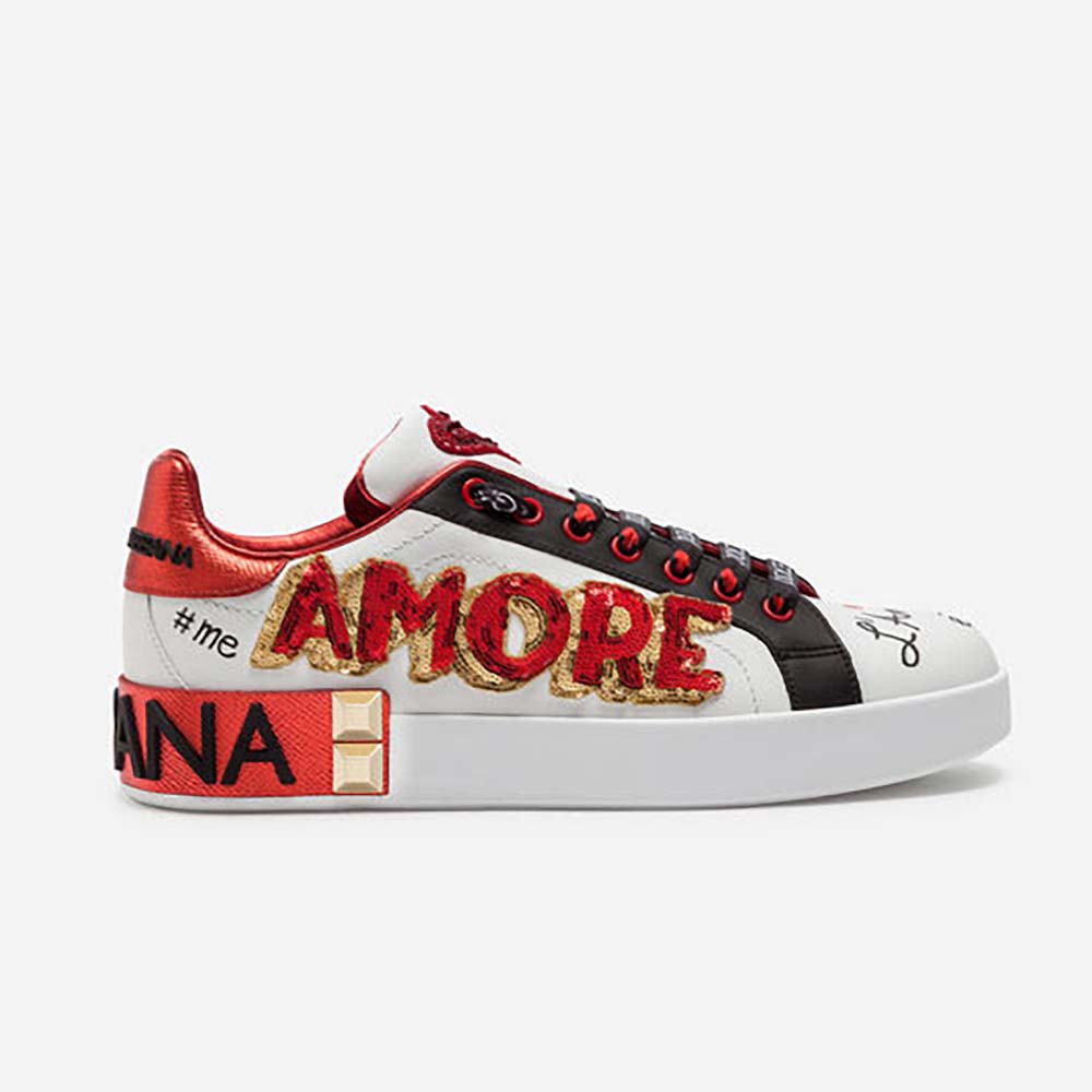 Dolce Gabbana D&G Women Shoes Portofino Sneakers in Printed Nappa Calfskin with Patch and Applications