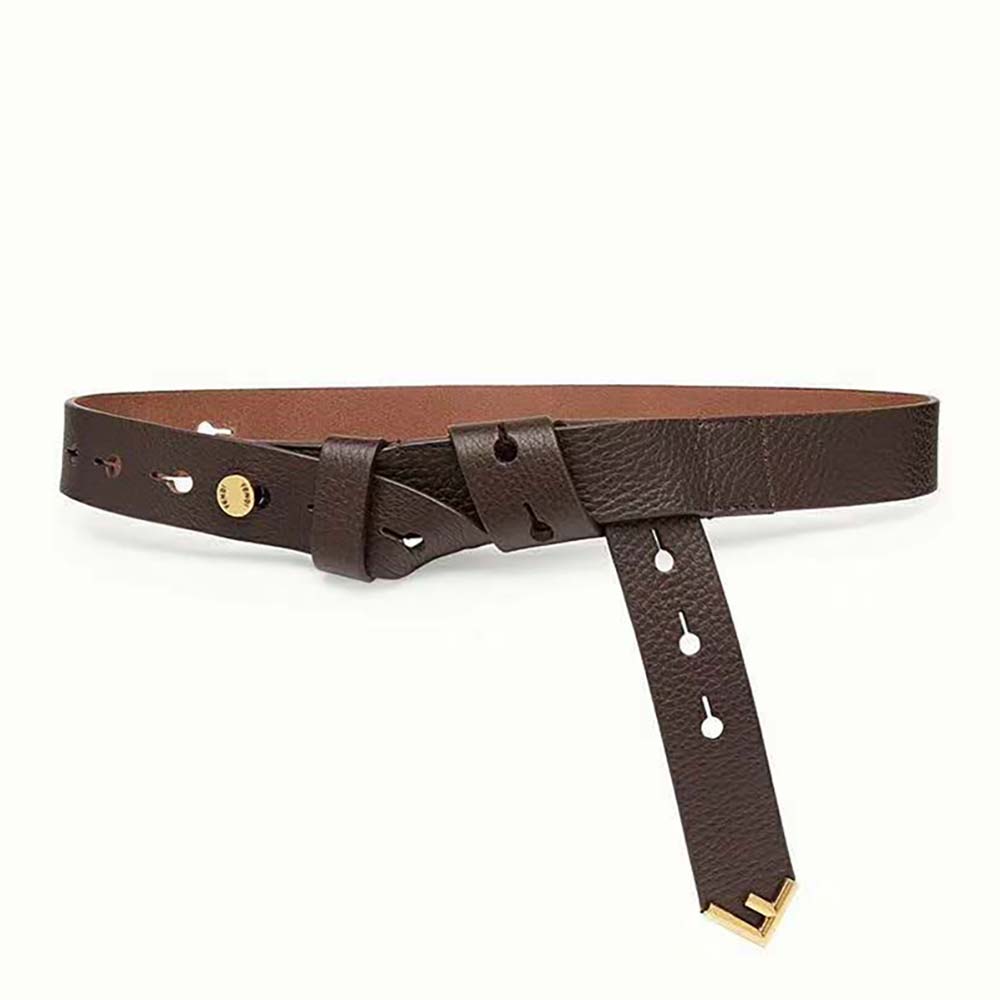 Fendi Women Long Tie Belt with F-Shaped Tip-Brown