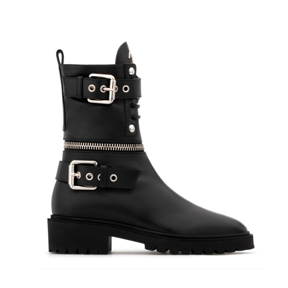 Giuseppe Zanotti Women Shoes Black Calfskin Leather Boot with Metal Zips and Buckles