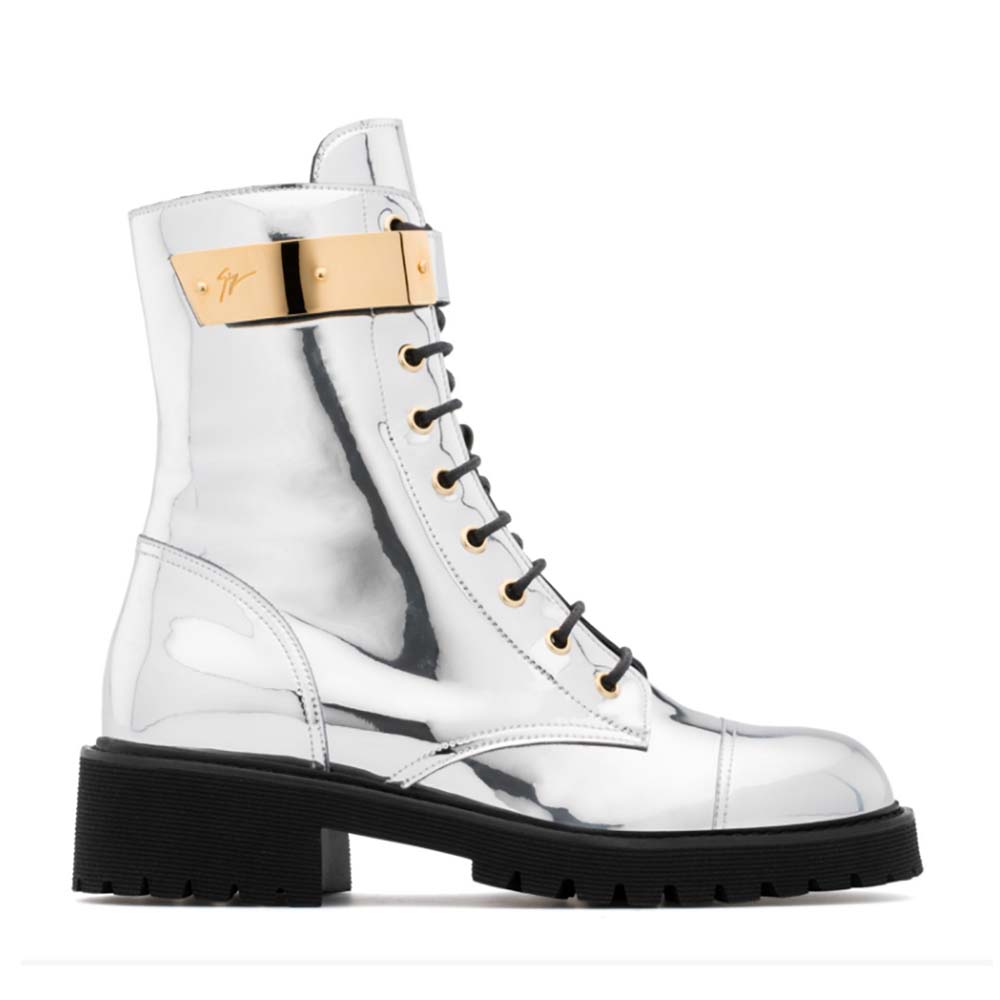 Giuseppe Zanotti Women Shoes Harvey Mirrored Silver Patent Leather Boot with Plated-Metal