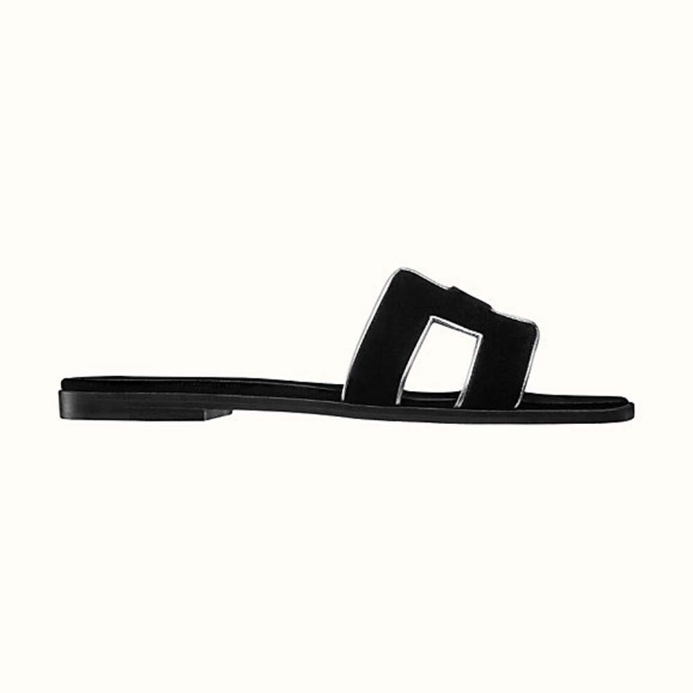 Hermes Women Oran Sandal in Velvet and Nappa Leather with Metallic Finish and Iconic "H" Cut-Out-Black