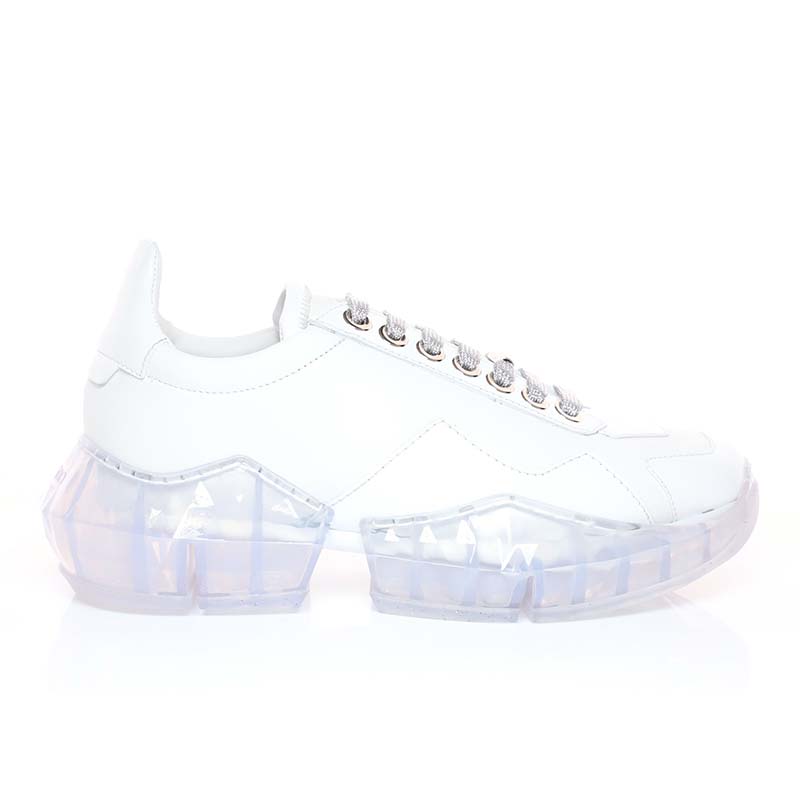 Jimmy Choo Women Shoes Diamond/F White Calf Leather with Patent Low Top Trainers Metallic leather