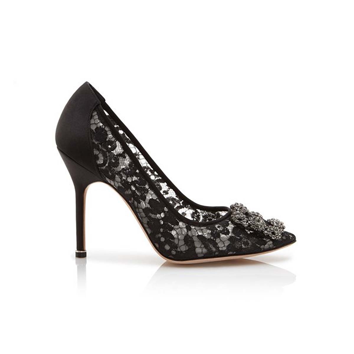 Manolo Blahnik Women Hangisi Lace Lace Jewel Buckled Pumps Shoes-Black