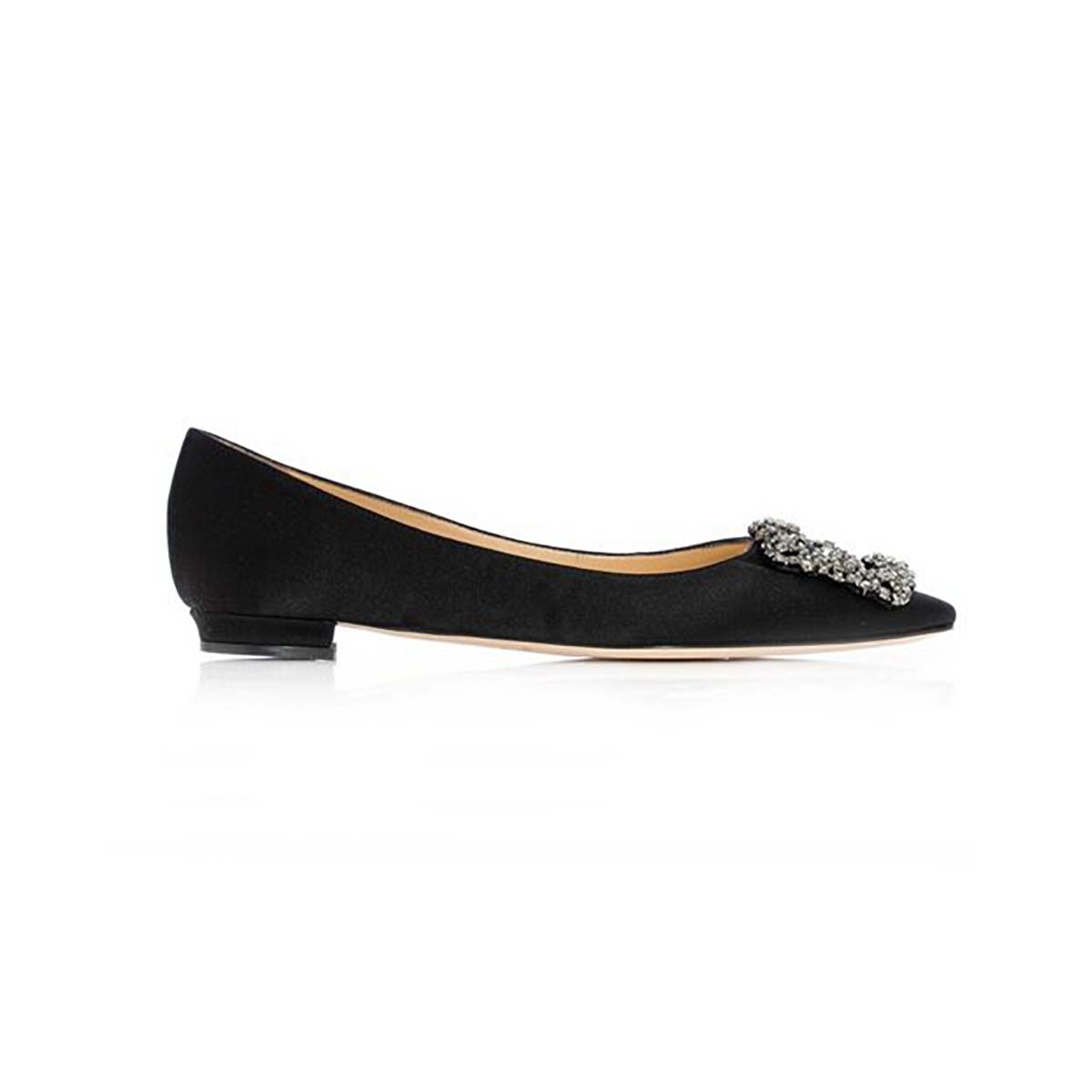 Manolo Blahnik Women Hangisiflat Satin Jewel Buckled Flats Shoes-Black