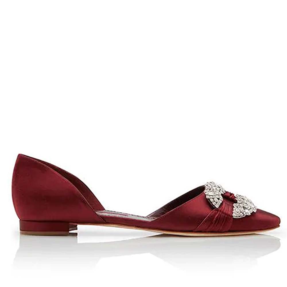 Manolo Blahnik Women Shoes Luanda Satin Crystal Embsllished D'Orsay Flats 10mm Heel-Red
