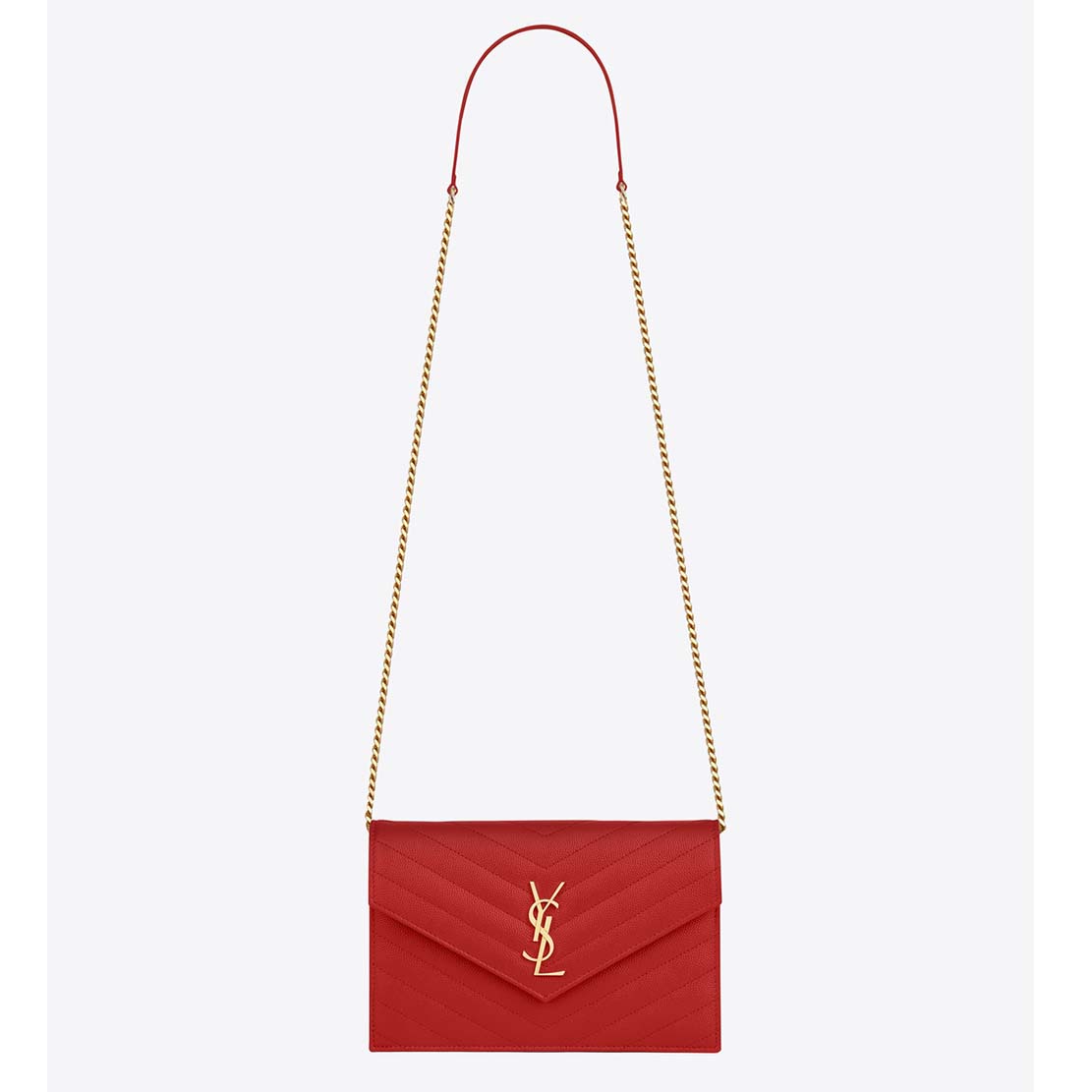 Saint Laurent YSL Medium Monogram Envelope Chain Wallet with Gold Hardware-Red