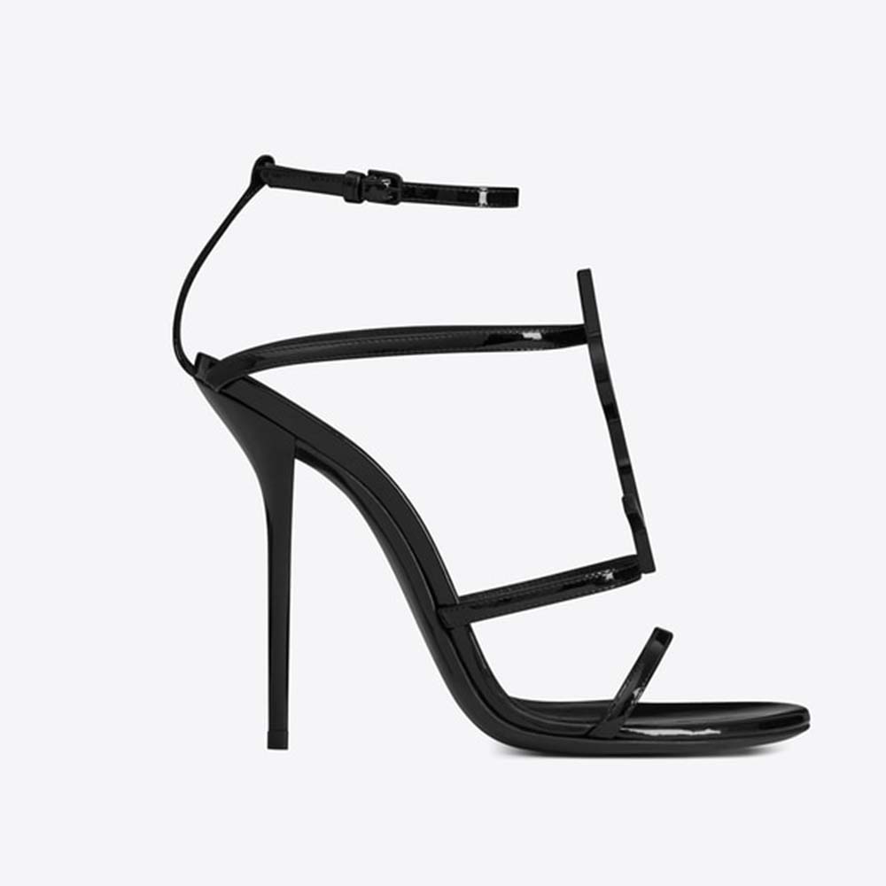 Saint Laurent YSL Women Cassandra Sandals with Black Logo in Patent Leather (110) Heel Height-Black