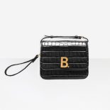 Balenciaga Women B. Small Bag in Black Crocodile Embossed Calfskin