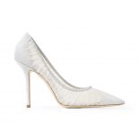 Jimmy Choo Women Love 100 Metallic Silver Glitter Fabric Pumps with Ivory Tulle Overlay
