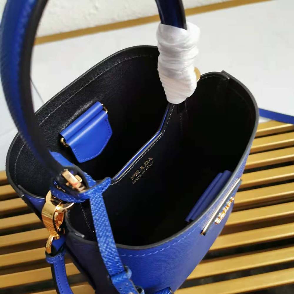 Prada Panier Logo Embossed Bucket Bag in Blue