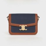 Celine Women Mdium Triomphe Bag in Textile and Calfskin-Navy