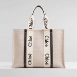 Chloe Women Large Woody Tote Bag in Cotton Canvas and Shiny Calfskin with Woody Ribbo