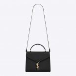 Saint Laurent YSL Women Cassandra Top Handle Medium Bag in Grain DE Poudre Embossed Leather-Black