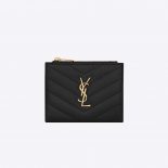 Saint Laurent YSL Women Monogram Zipped Card Case in Grain DE Poudre Embossed Leather