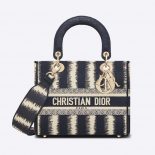 Dior Women Medium Lady D-lite Bag Blue D-Stripes Embroidery