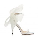 Jimmy Choo Women Aveline 100 White Sandals with Asymmetric Grosgrain Mesh Fascinator Bows