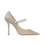 Jimmy Choo Women Baily 100 Platinum Ice Dusty Glitter Pumps with Crystal and Pearl Strap