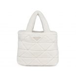 Prada Women Iconic Triangle Logo Soft Shearling Tote-White