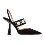 Jimmy Choo Women Breslin 100 Black Suede Slingbacks with Pearl and Stud Embellishment