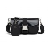 Prada Women Pocket Nylon and Brushed Leather Bag-Black