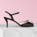 Roger Vivier Women Flower Strass Buckle Sandals in Satin-Black