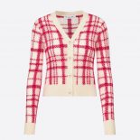 Dior Women Buttoned Cardigan Raspberry and Ecru Check'n'Dior Pop Technical Wool