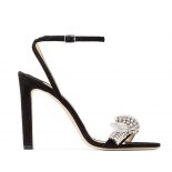 Jimmy Choo Women Thyra 100 Black Suede Sandals with Pavé Crystal Cord Detail