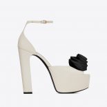 Saint Laurent YSL Women Jodie Platform Sandals in Smooth Leather with Silk Satin Flower-White