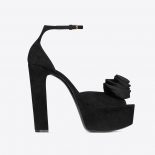 Saint Laurent YSL Women Jodie Platform Sandals in Suede with Silk Satin Flower-Black