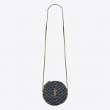 Saint Laurent YSL Women Vinyle Round Camera Bag in Chevron-Quilted Denim and Suede