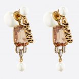 Dior Women Tribales Earrings Antique Gold-Finish Metal and White Resin Pearls with Multicolor Crystals