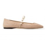 Jimmy Choo Women Ade Flat Ballet Pink Suede Flats with Pearl Embellishment