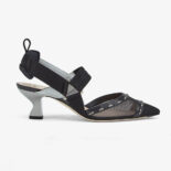 Fendi Women Colibri Black Mesh Medium-Heel Slingbacks with Metal Stitches