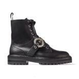 Jimmy Choo Women Cora Flat/Crystal Black Soft Calf Leather Combat Boots with Crystal Buckle