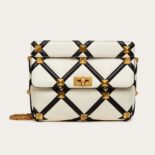 Valentino Women Large Roman Stud the Shoulder Bag in Nappa with Grid Detailing-white
