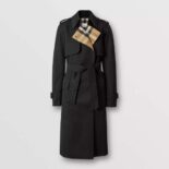 Burberry Women Check Panel Cotton Gabardine Trench Coat-Black