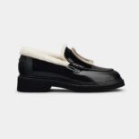 Roger Vivier Women Viv' Rangers Metal Buckle Fur Loafers in Patent Leather