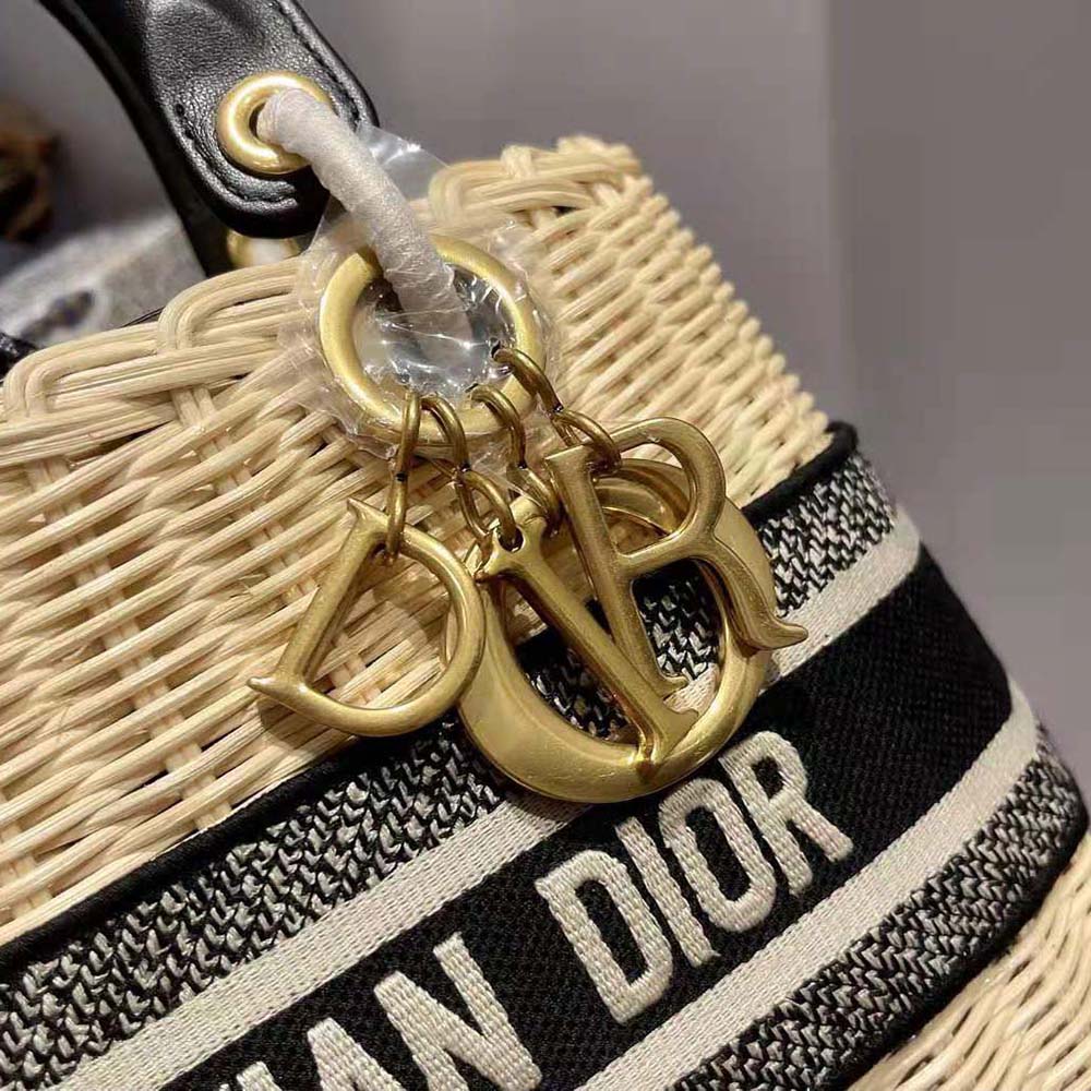 Dior - Medium Lady Dior Bag Natural Wicker and Blue Dior Oblique Jacquard - Women