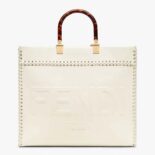 Fendi Women Sunshine Medium White Leather Shopper with Decorative Stitching