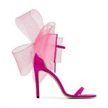 Jimmy Choo Women Aveline 100 Fuchsia Sandals with Asymmetric Grosgrain Mesh Fascinator Bows