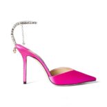 Jimmy Choo Women Saeda 100 Fuchsia Satin Pumps with Crystal Embellishment