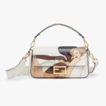 Fendi Women Baguette FF White Glazed Fabric Bag with Inlay