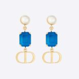 Dior Women Petit CD Earrings Gold-Finish Metal with White Resin Pearls and Fluorescent Blue Crystals