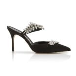 Manolo Blahnik Women Black Satin Crystal Embellished Mules