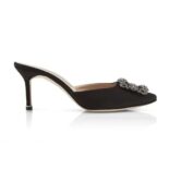 Manolo Blahnik Women Black Satin Jewel Buckle Mules