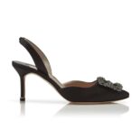 Manolo Blahnik Women Black Satin Jewel Buckle Slingback Pumps