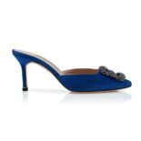 Manolo Blahnik Women Blue Satin Jewel Buckle Mules